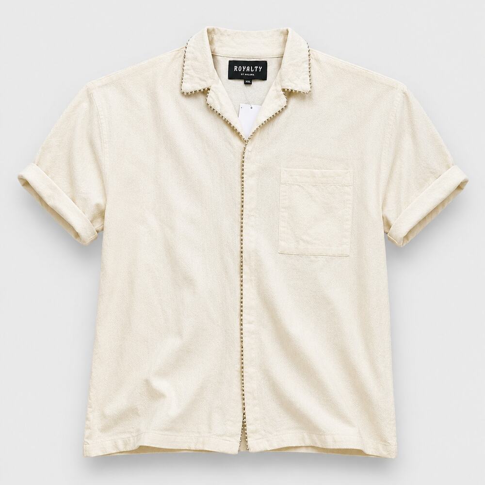 Royalty by Maluma Pearl Trim Shirt XXL Off White Cream Linen Blend Button Up